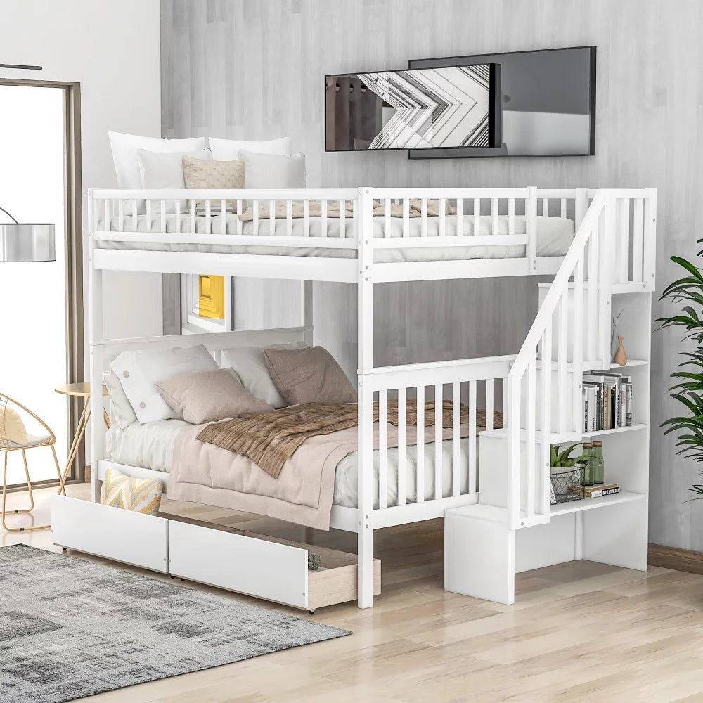 Full over Full Bunk Bed with Two Drawers and Storage, Multifunction Wood Bunk Bed with Staircase, Storage Shelves and Safety Guardrail, No Box Spring Needed, White