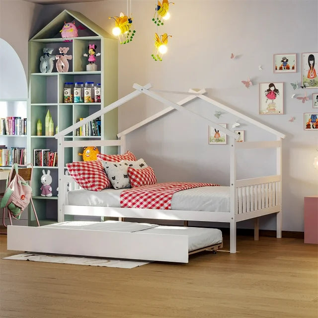 Full House Bed with Twin Size Trundle Bed,House Bed for Kids with Support Legs,Wooden Kids House Full Bed Frame for Toddlers,Kids,Teens.No Box Spring Needed,White