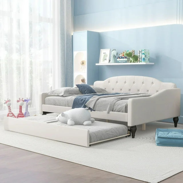 Full Linen Upholstered Daybed with Twin Size Trundle, Full Size Upholstered Tufted Sofa Bed with Nail Head Trim, Trundle Daybed with Wood Frame, Beige