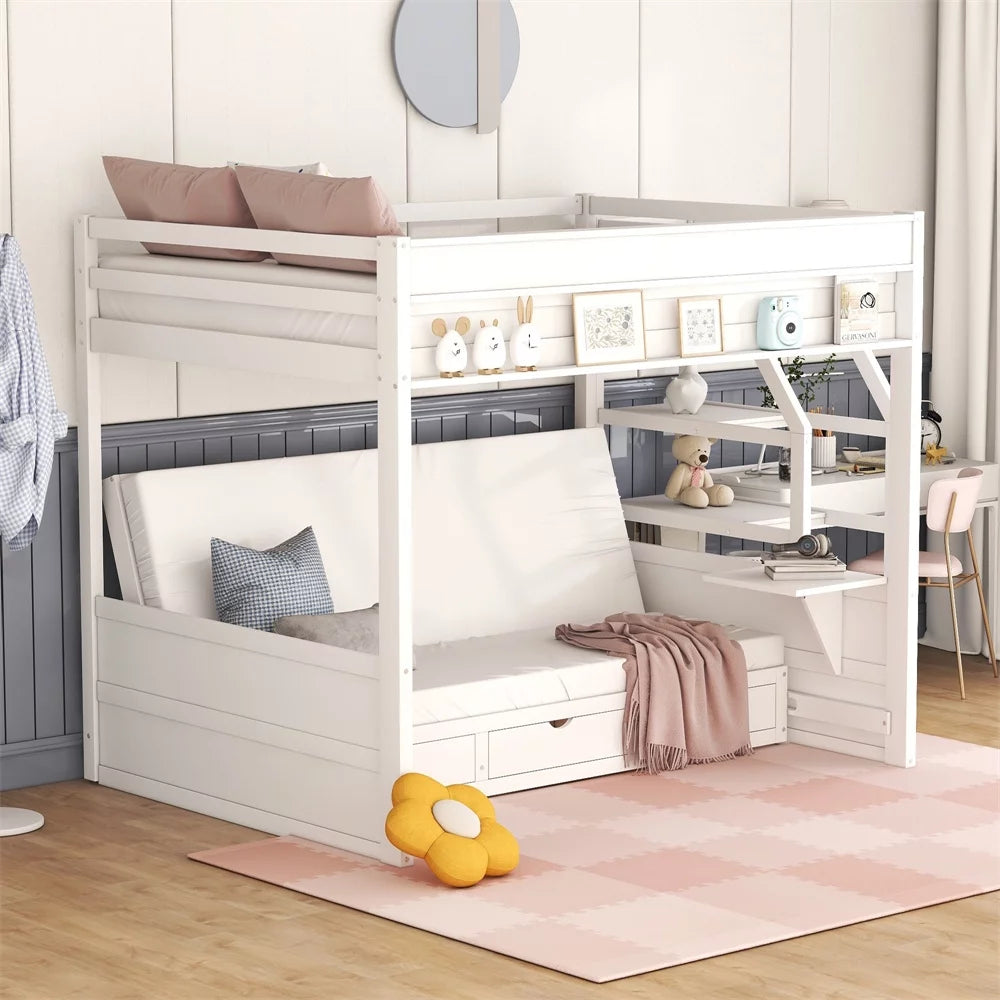 Full Over Full Futon Bunk Bed with 3 Drawers, Solid Wood Convertible Bunk Bed Frame with Storage Staircase and Bedside Table, Down Bed can be Converted into Daybed for Kids Teens Adults - White