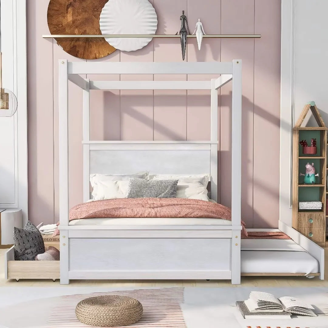 Full Size Canopy Bed with Trundle Bed and 2 Drawers, Wood Full Platform Bed with Headboard, Footboard and Slat Support, Modern 4 Poster Panel Bed, No Box Spring Needed, Brushed White