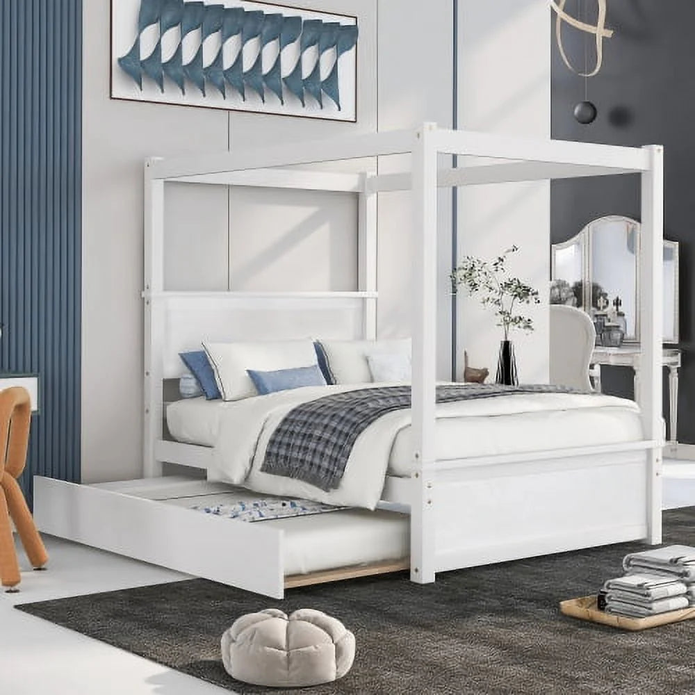 Full Size Canopy Bed with Twin Size Trundle, Wood Platform Bed with Headboard & Footboard and Slat Support,for Kids, Teens, Adults, No Box Spring Needed