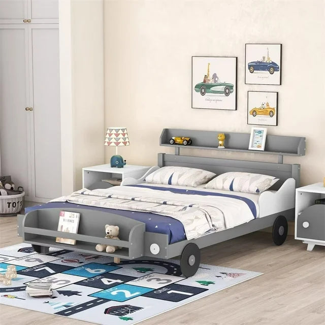 Full Size Car-Shaped Bed with Wheels, Wooden Platform Bed Frame with Storage Shelf for Kids Boys Girls Bedroom Playroom Easy Assembly, No Box Spring Required, Gray