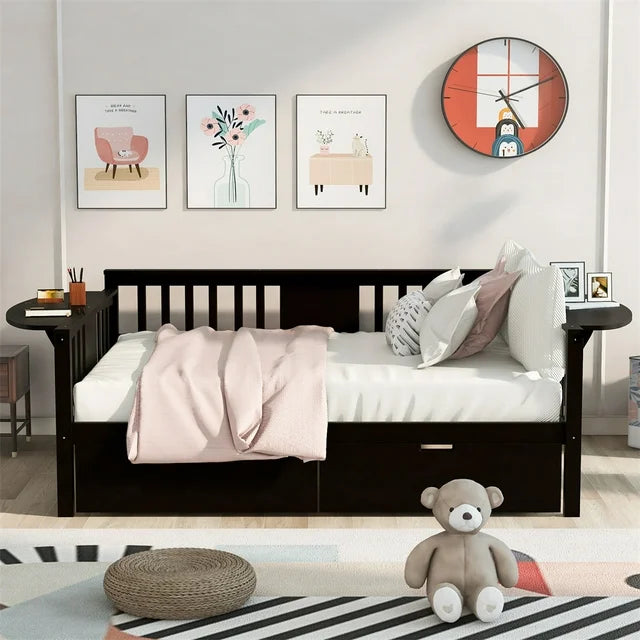 Full Size Daybed with Two Drawers, Multifunctional Wood Daybed Frame with Three Sides Handrails and Foldable Shelves, Full Platform Bed Sofa Bed with Wood Slat Support, No Box Spring Needed, Espresso