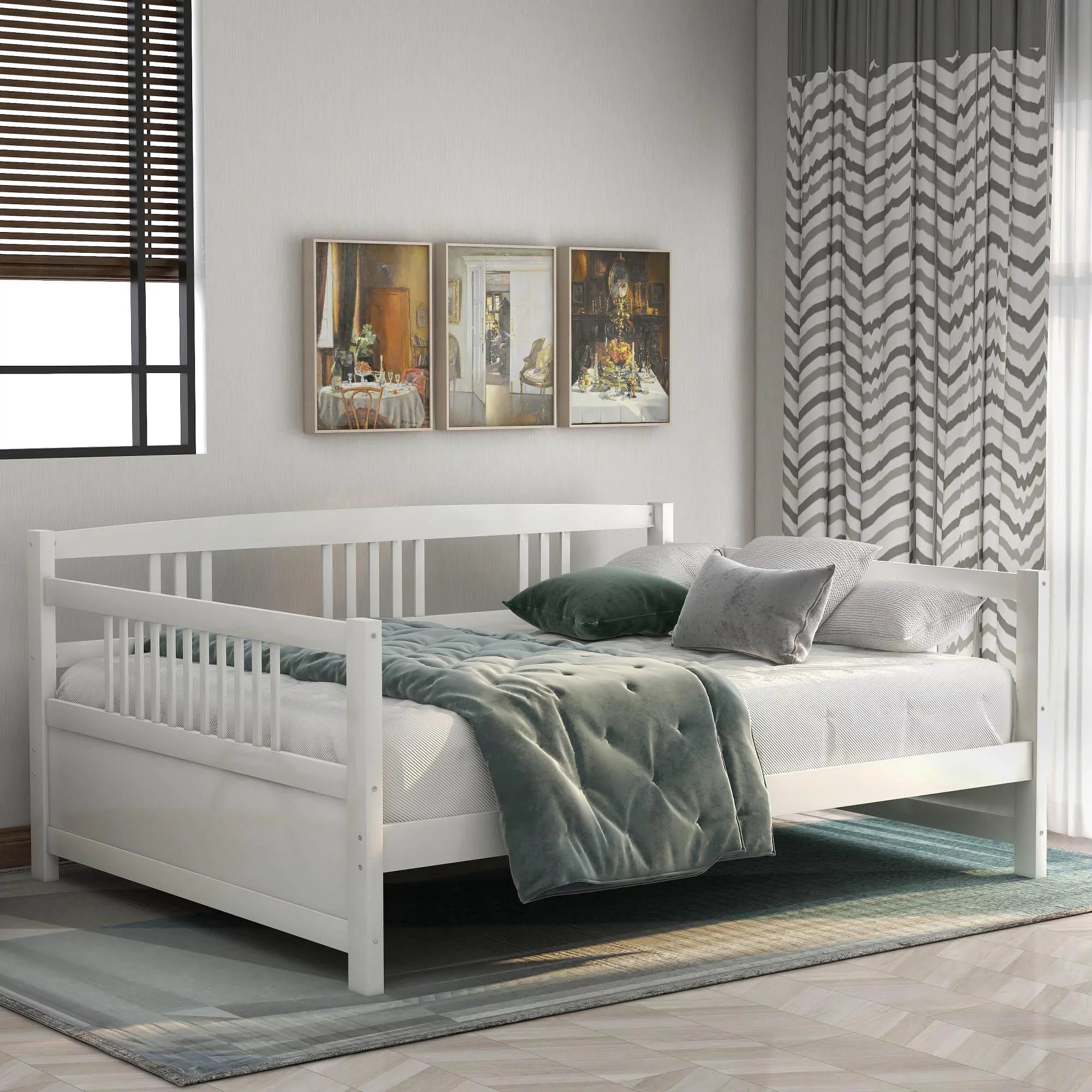 Full Size Daybed, Wooden Daybed Frame, Multi-Functional Sofa Bed Daybed for Kids/Teens Bedroom/Guest Room, Wood Slat Support, No Box Spring Required, White