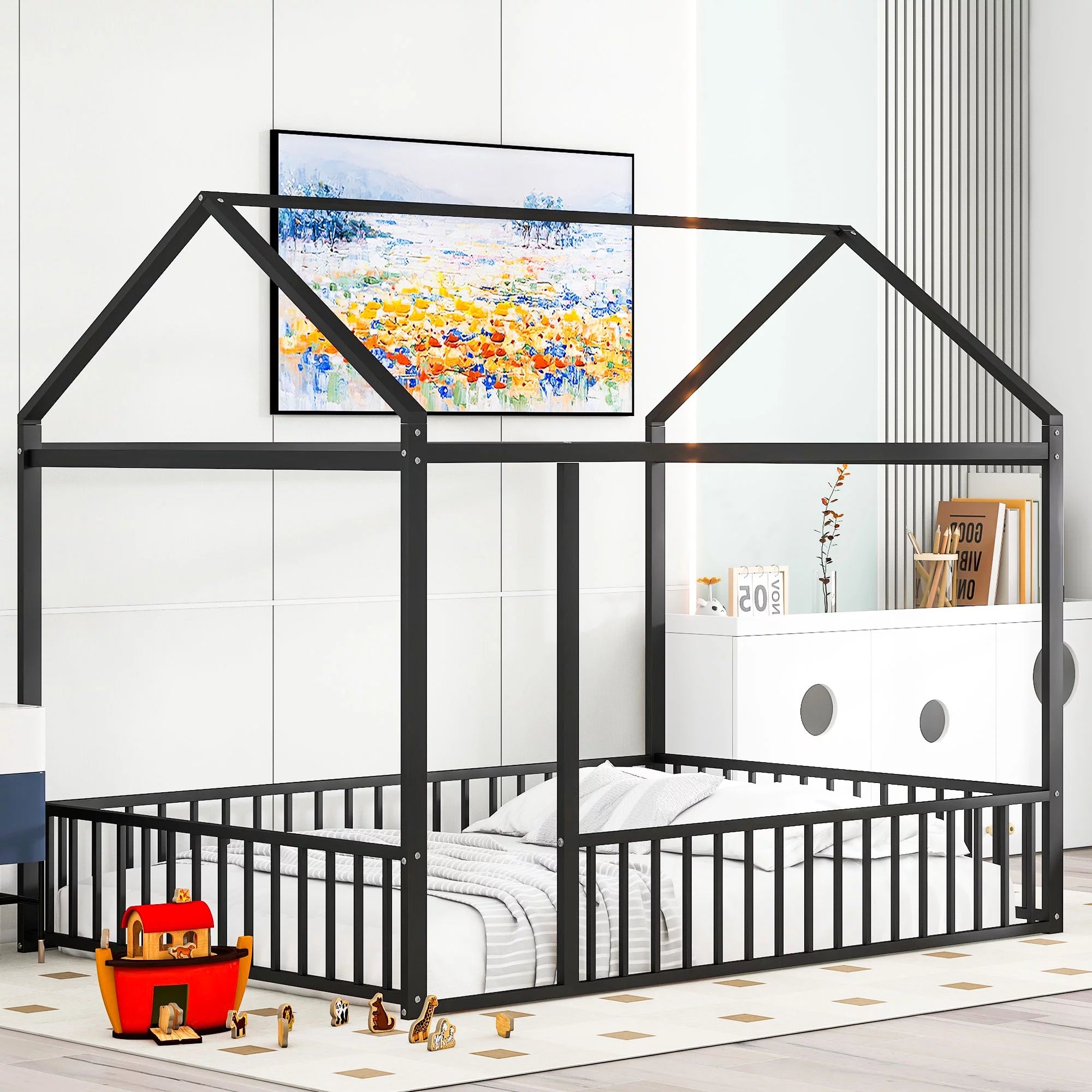Full Size Floor Bed for Children, Montessori Bed Frame with Roof and Fence, Modern Heavy Duty Metal Bed Frame House Bed for Kids Teens Girls Boys, Easy Assembly, Black