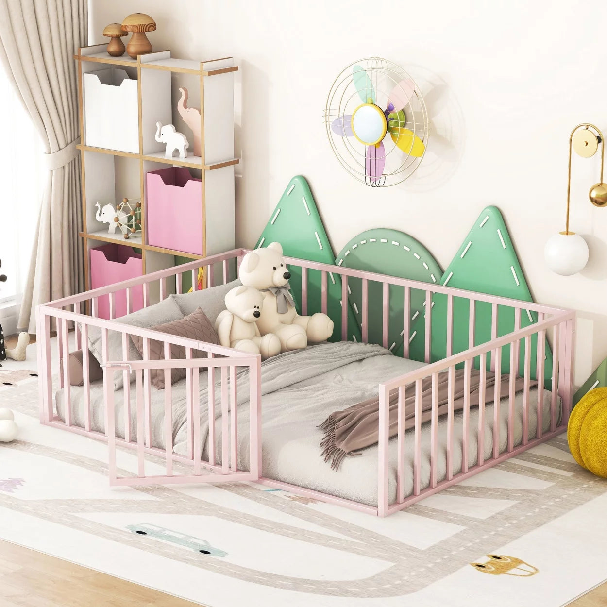 Full Size Floor Bed Frame for Kids, Montessori Floor Bed with Full-Length Guardrails and Door, Safety Toddler Floor Bed with Metal Frame, No Slats Supports, Pink, 77"×56.1"×21.7"H