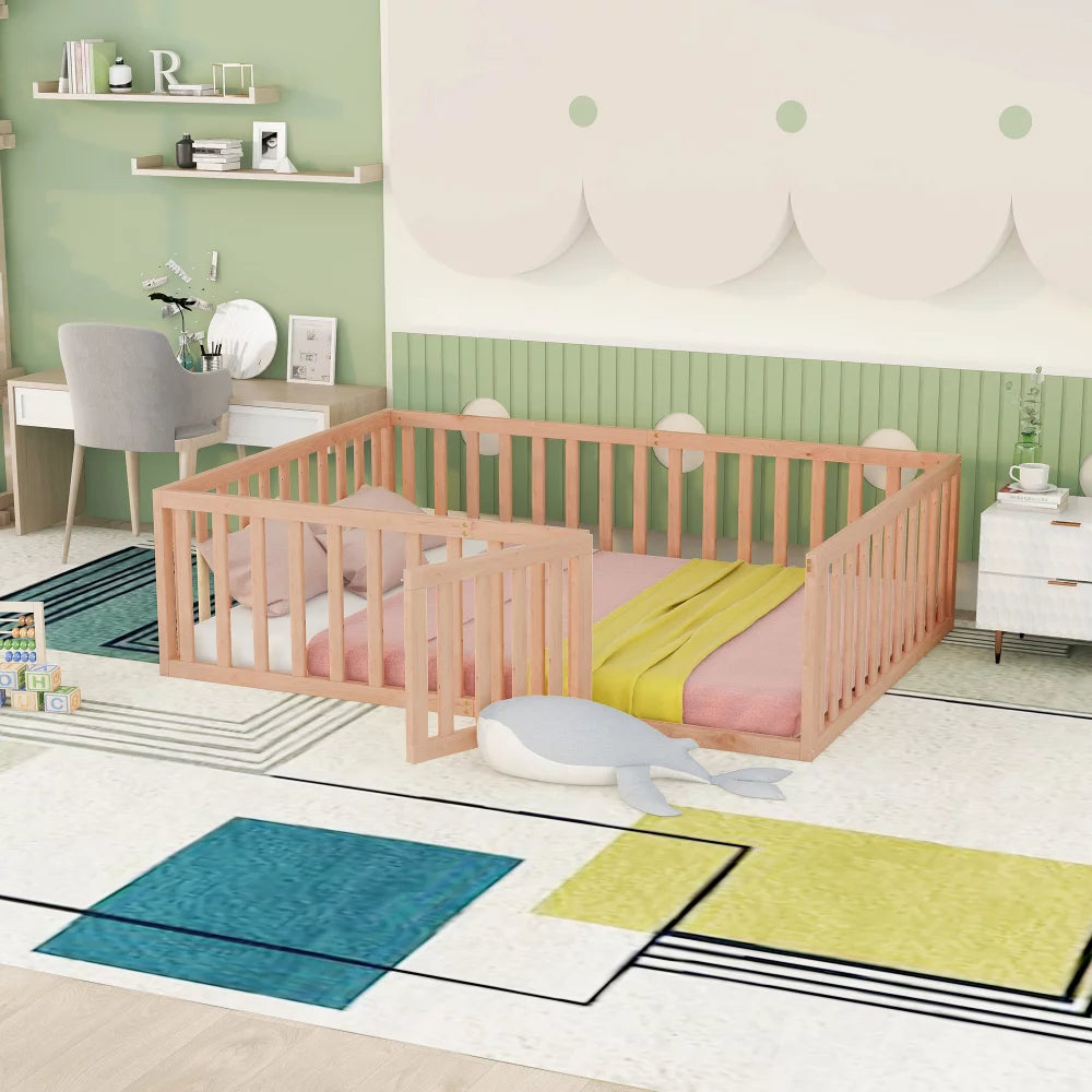 Full Size Floor Bed Frame for Kids, Solid Wood Montessori Bed Frame with Fence Rail and Door, Montessori Floor Bed Wood Full Bed Frame for Boys and Girls, Natural