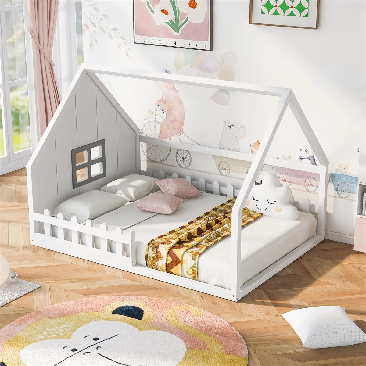Full Size House Bed, Solid Wood Floor Bed with Roof, Window and Safety Fence, Wooden Montessori Bed, Low House Bed Frame with Slats Support, for Kids, No Box Spring Needed,White