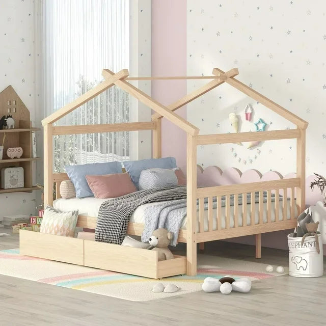 Full Size House Bed, Wood House Bed with 2 Storage Drawers and Headboards, Low Platform Bed Playhouse Bed with Roof, Bed Bed Frame for Boys & Girls Bedroom, Natural
