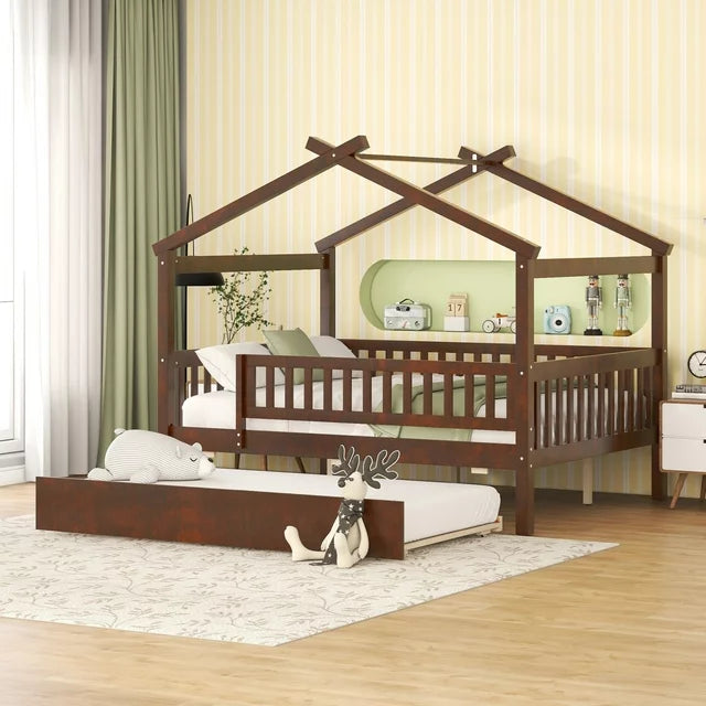 Full Size House Bed with Trundle, Wood Full Bed Frame with Roof and Fence-Shaped Guardrail, Montessori Bed for Teens, Boys or Girls, Walnut