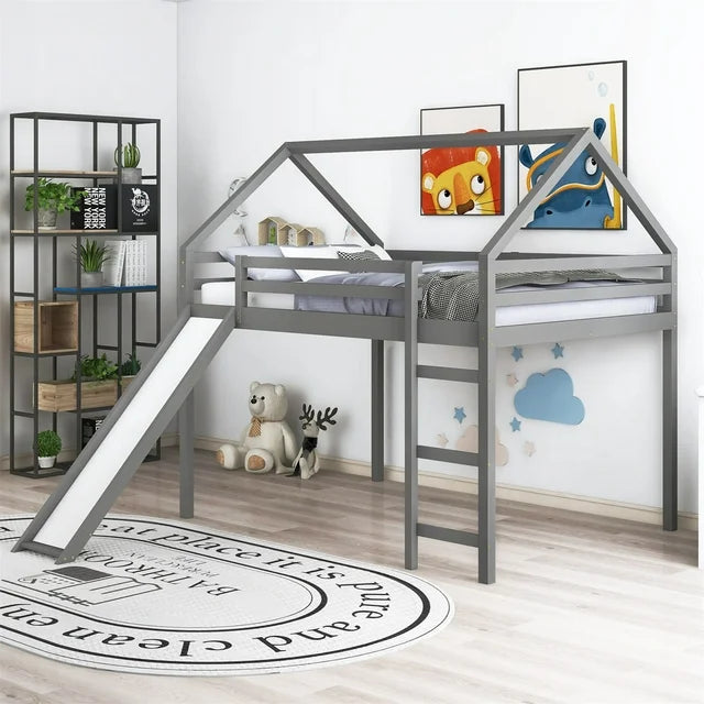 Full Size House Loft Bed with Slide and Ladder for Kids Bedroom, Wood Bedframe with Roof and Guardrails, Home Furniutre for Boys Girls, No Box Spring Required, Gray
