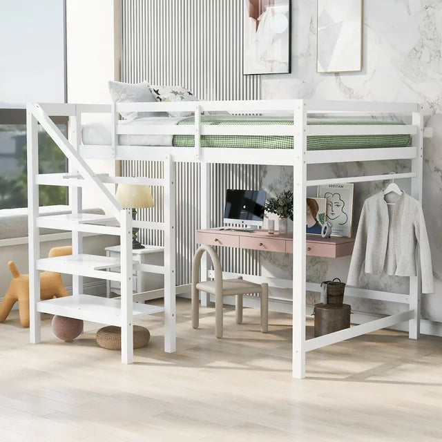 Full Size Loft Bed with Built-in Storage Staircase and Hanger for Clothes,High Wood Loft Bed Frame with Full Length Guard Rail, No Box Spring Needed,for Kids,Teens