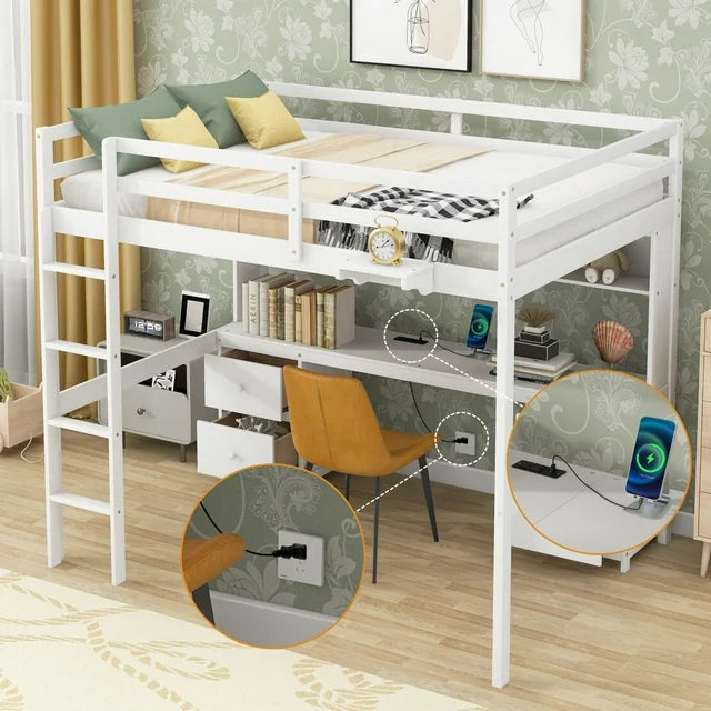 Full Size Loft Bed with Charging Station Multifunctional Loft Bed with Desk, Cabinets, Drawers and Bedside Tray, Solid Wood Loft Bed Frame with Built-in Ladder and Full-Length Guardrails, White