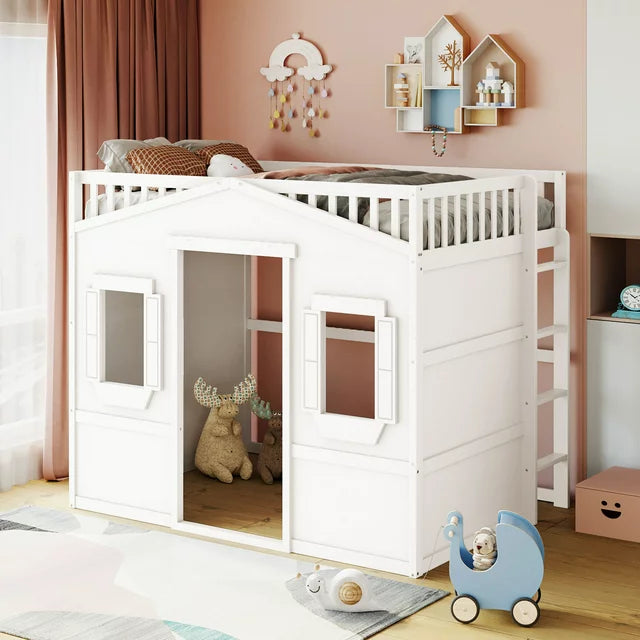 Full Size Loft Bed with Windows and Door, Solid Wood Loft Bed Frame with Ladder and Safety Guardrails House Loft Bed for Kids Boys Girls, No Box Spring Needed, White