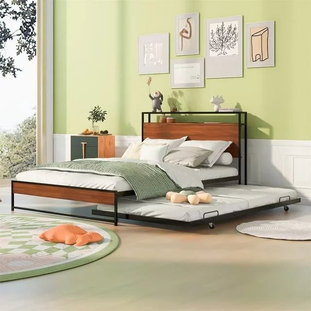 Full Size Metal Bed with Trundle, Modern Platform Bed with Socket and USB Interface, Space Saving Bed Frame with Headboard for Kids Boys Girls Teens, No Box Spring Needed, Black