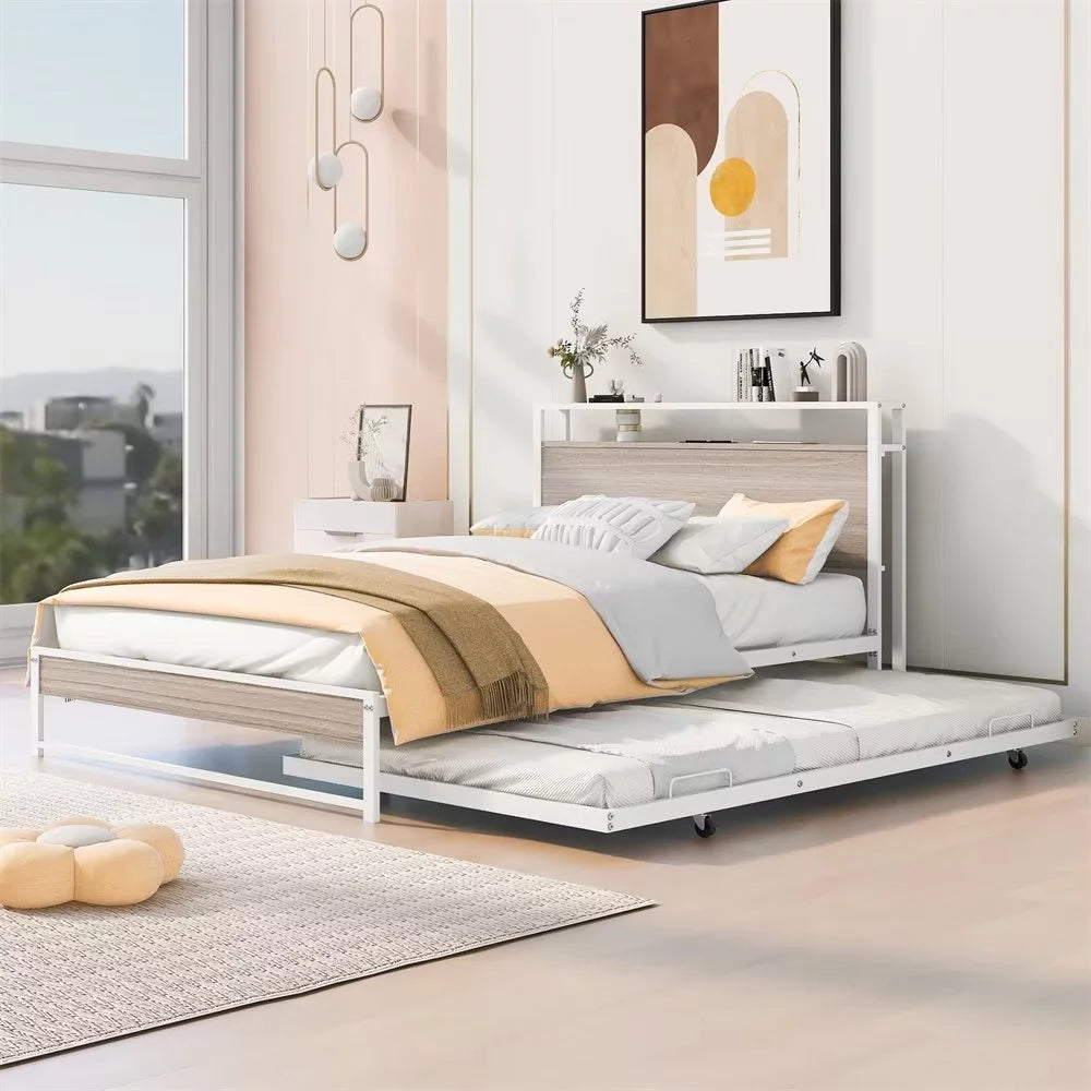 Full Size Metal Bed with Trundle, Modern Platform Bed with Socket and USB Interface, Space Saving Bed Frame with Headboard for Kids Boys Girls Teens, No Box Spring Needed, White