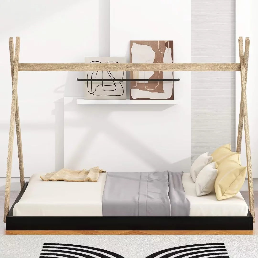 Full Size Tent Floor Bed with Triangle Structure, Wood Montessori Bed House Bed, Wood Platform Bed Frame with Roof, Teepee Bed, Playhouse Design, No Box Spring Needed, Natural