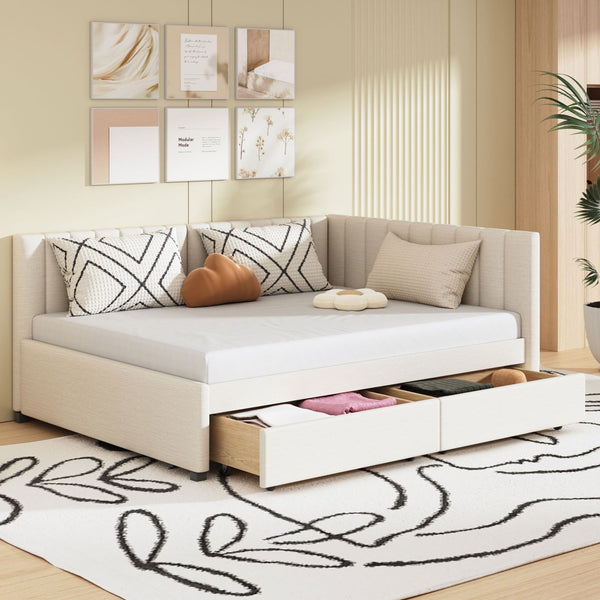 Full Size Upholstered Daybed with 2 Storage Drawers, Semi-Enclosed Sofa Bed with L-shaped Vertical Stripe Backrest, Wooden Platform Bed Frame for Kids & Adults, No Box Spring Needed, Beige
