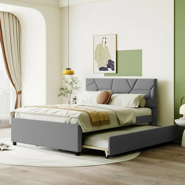 Full Upholstered Bed Frame with Trundle, Wood Platform Bed with Headboard for Bedroom Living Room, Space Saving Design, Gray