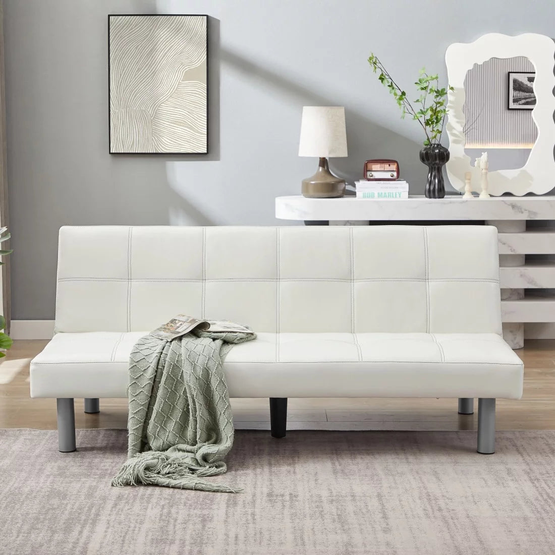 Futon Sofa Bed, PU Leather Sleeper Convertible Futon Couch with 5 Metal Legs, 67 Inch Folding Sofa Couch Bed for Living Room Bedroom Apartment Office, Beige