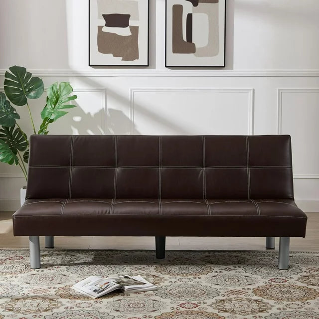 Futon Sofa Bed, PU Leather Sleeper Convertible Futon Couch with 5 Metal Legs, 67 Inch Folding Sofa Couch Bed for Living Room Bedroom Apartment Office, Brown