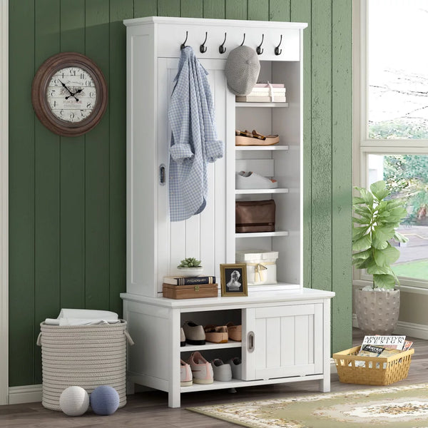 Hall Tree with Bench and Shoe Storage, 3-in-1 Entryway Bench with Sliding Doors, Coat Racks and Shelves, 70" H Multifunctional Hall Tree with Adjustable Shoe Storage for Entryway, Mudroom, White