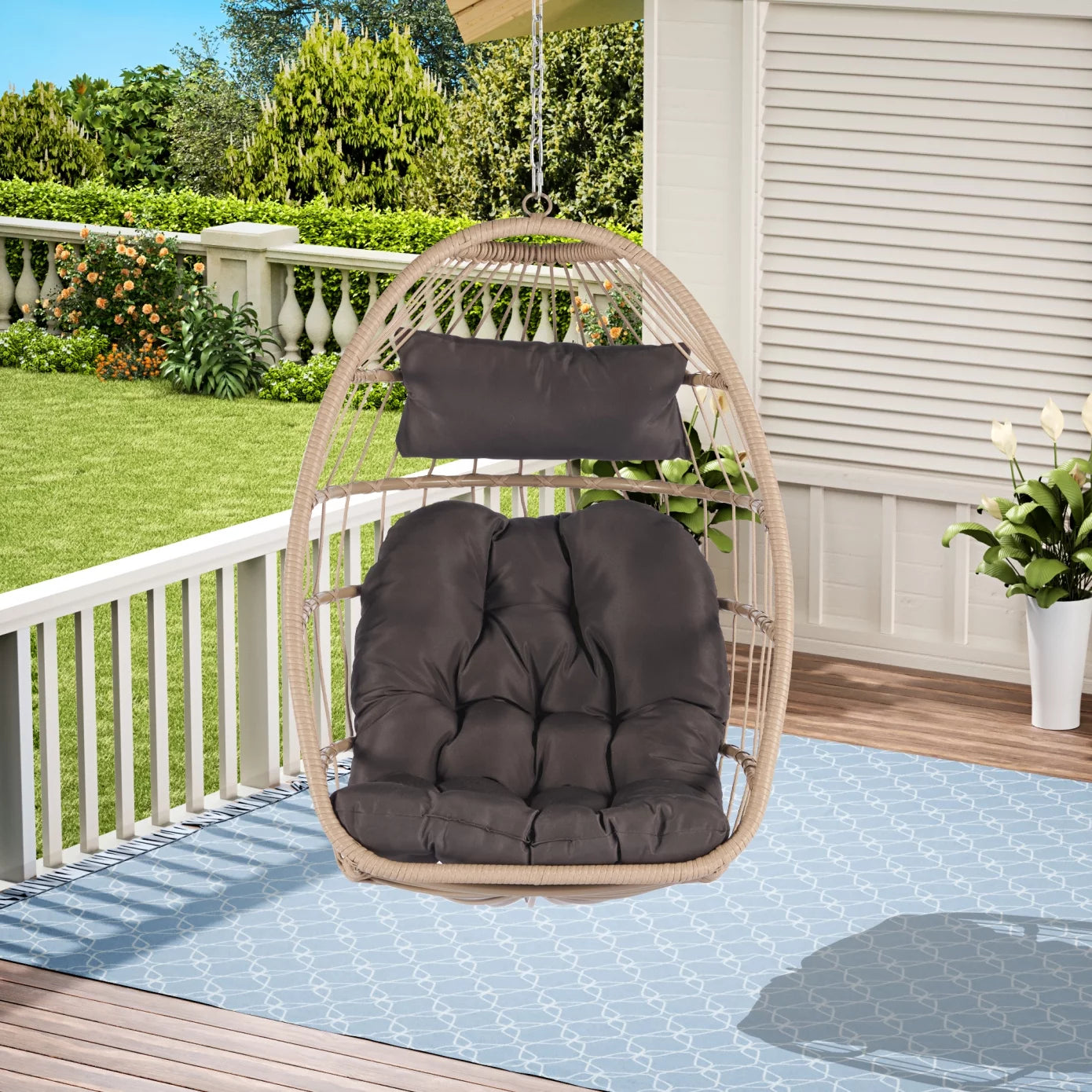 Hanging Egg Chair Indoor Outdoor without Stand, Foldable Wicker Rattan Swing Egg Chairs with Thick Cushion, Hammock Egg Hanging Chair with Aluminum Frame for Bedroom Patio Balcony, Wood+Dark Gray