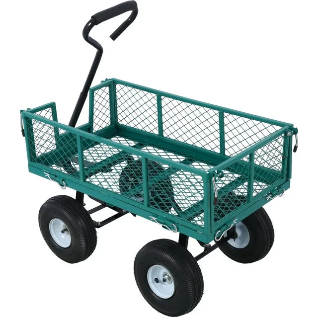 Heavy-Duty Steel Garden Cart, Folding Utility Wagon Cart with Removable Sides and 180°Rotating Handle,Metal Steel Wagon Cart for Outdoor, Lawn, Yard, Farm,Green,Weight Capacity 550 Lbs