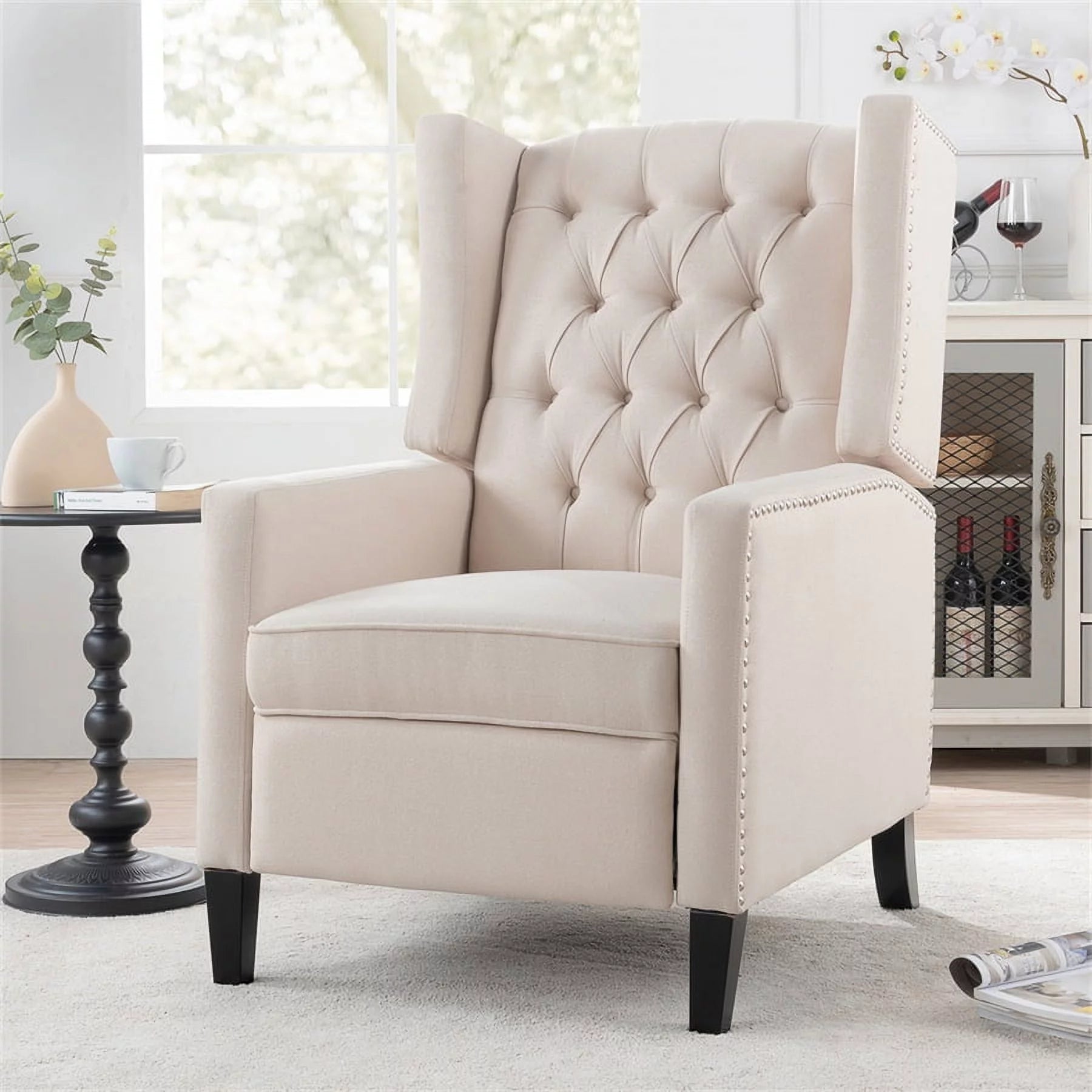 High Back Accent Chair, 27" Wide Manual Wing Recliner Chair, Upholstered Button Tufted Single Sofa Chair with Wood Legs, Comfy Reading Chair Lounge Chair with Nailhead Trim, Beige