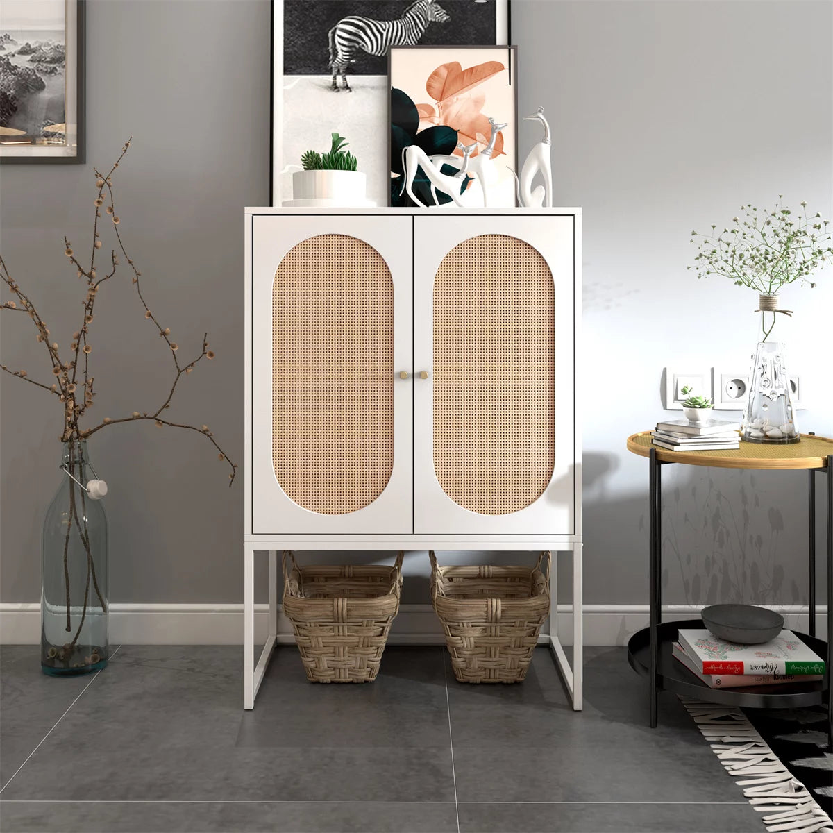 High Storage Cabinet with 2 Natural Rattan Door,Sideboard Buffet Cupboard with Adjustable Shelves and Metal Base,Free Standing Accent Cabinet for Living Room Kitchen,White