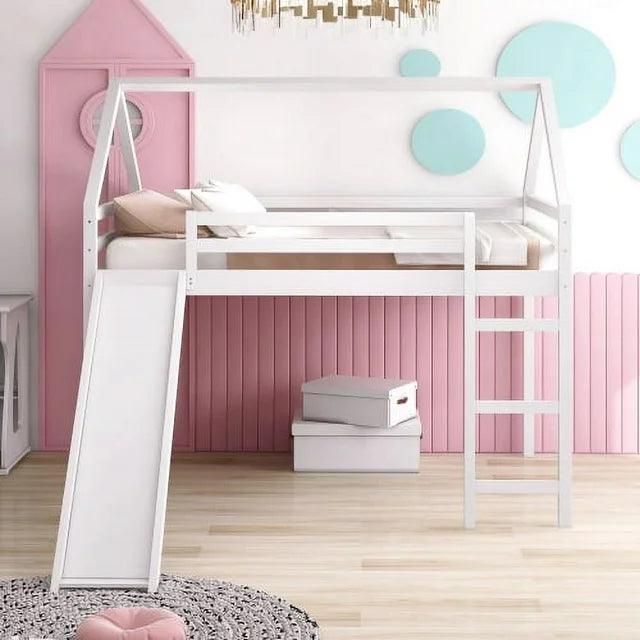 House Loft Bed with Slide, Full Size Wooden Bed Frame with Full-Length Guardrail & Ladder & Under Bed Storage Space, Multifunctional Playhouse Loft Bed for Boys Girls, No Box Spring Needed, White