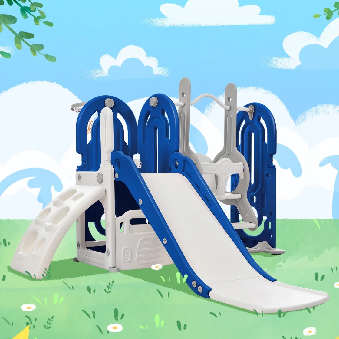 Kids Activity Playground Set 5 in 1, Baby Indoor Outdoor Playset with Toddler Slide, Swing, Basketball Hoop and Climber, Children's play sets with Storage for Boys and Girls, Blue