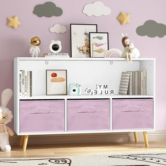 Kids Bookcase with Collapsible Fabric Drawers, Kids Toy Storage Organizer with Bins, Kids Bookshelf and Storage for Boys and Girls for Playroom, Children's Room, Living Room, White+Pink