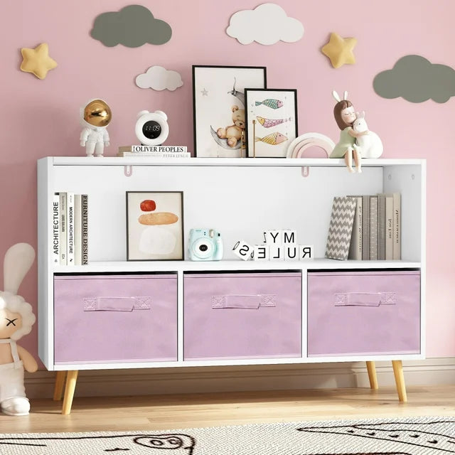 Kids Bookcase with Collapsible Fabric Drawers,Children's Book Display Bookshelf,Toy Storage Cabinet Organizer for Nursery School,Home,Playroom,Pink
