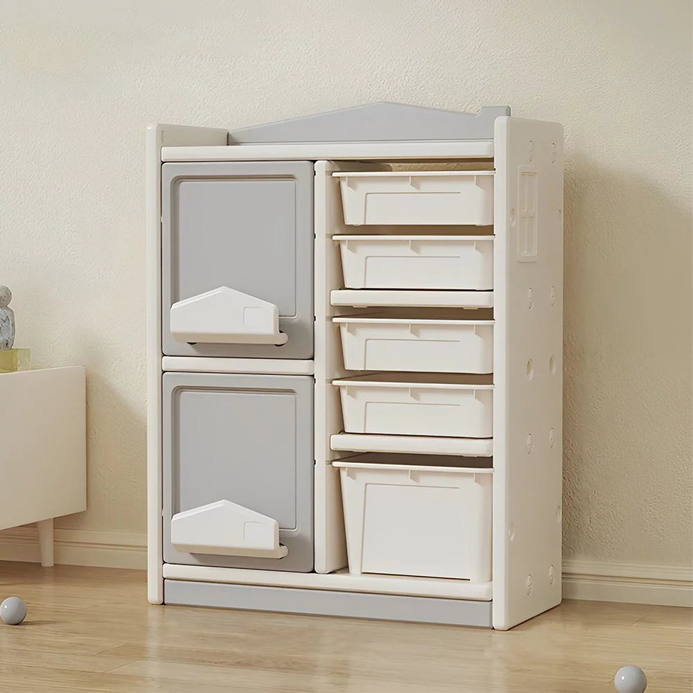 Kids Organizers Toy Storage Organizer, Floor Storage Cabinet with Bookshelf, 5 Bins and 2 Cabinets, Multifunctional Kids Storage Cabinet Toy Chest for Nursery, Playroom and Bedroom
