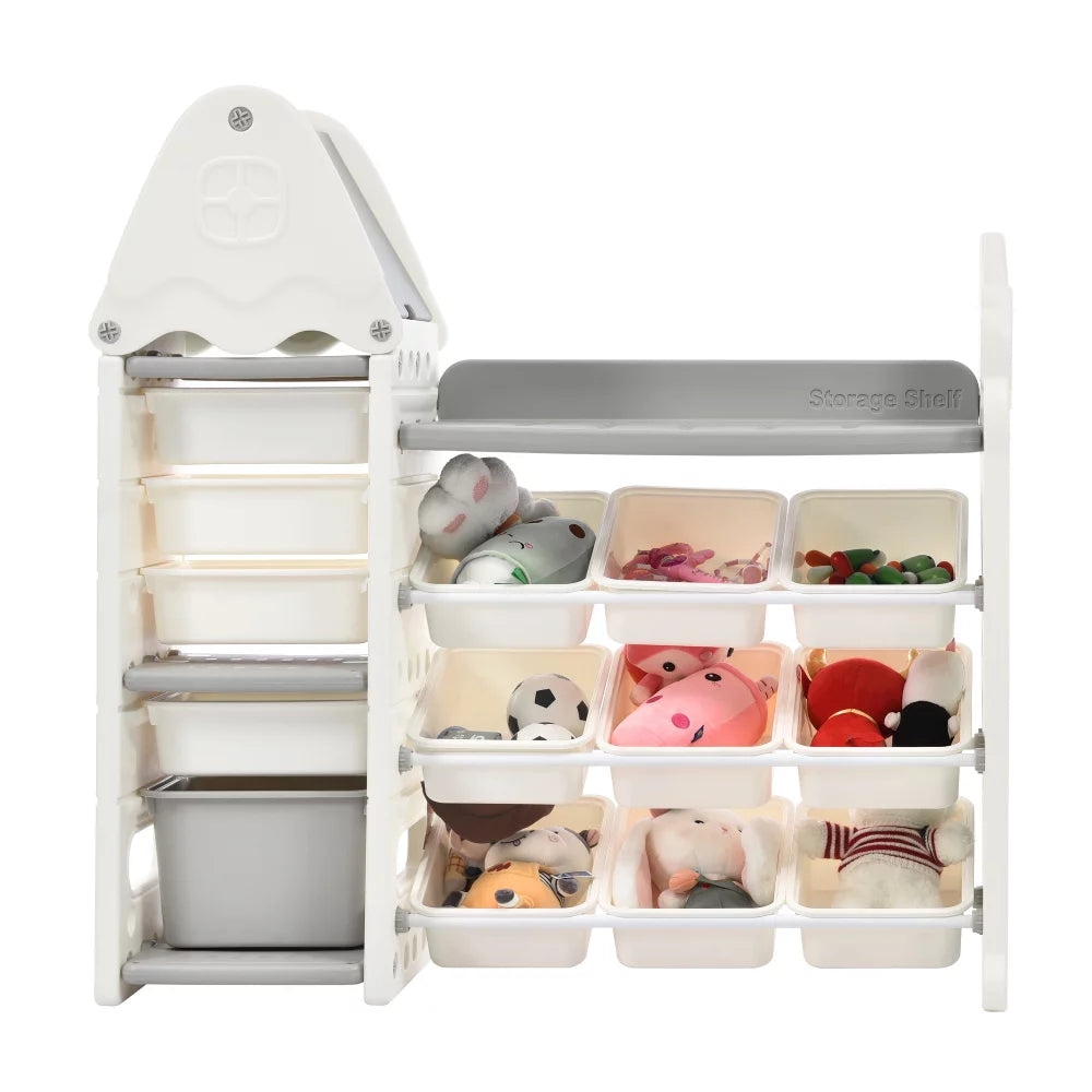 Kids Toy Storage Organizer with 14 Bins and Toy Shelf, Nursery Organizer Kids Furniture Set Toy Storage Cabinet Unit with HDPE Shelf and Bins for Playroom, Bedroom, Living Room, Gray
