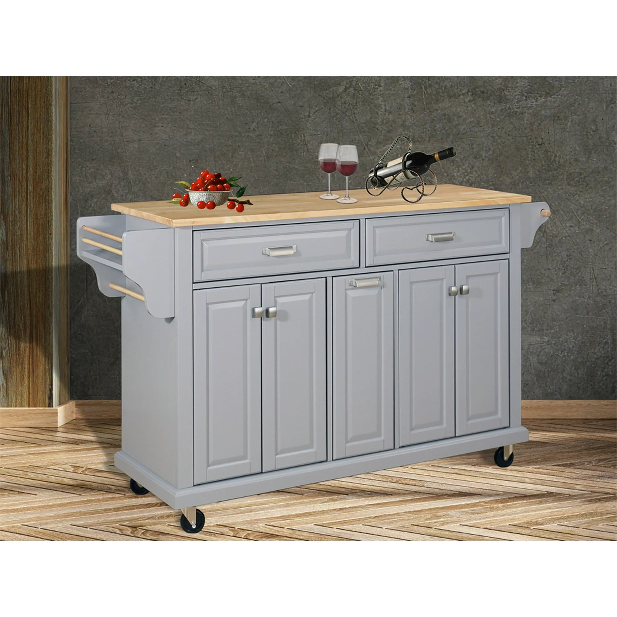 Kitchen Island on Wheels with Storage, Kitchen Island Cart with Spice Rack, Towel Rack and Adjustable Shelves, Mobile Kitchen Cabinet with Natural Wood Tabletop, Gray