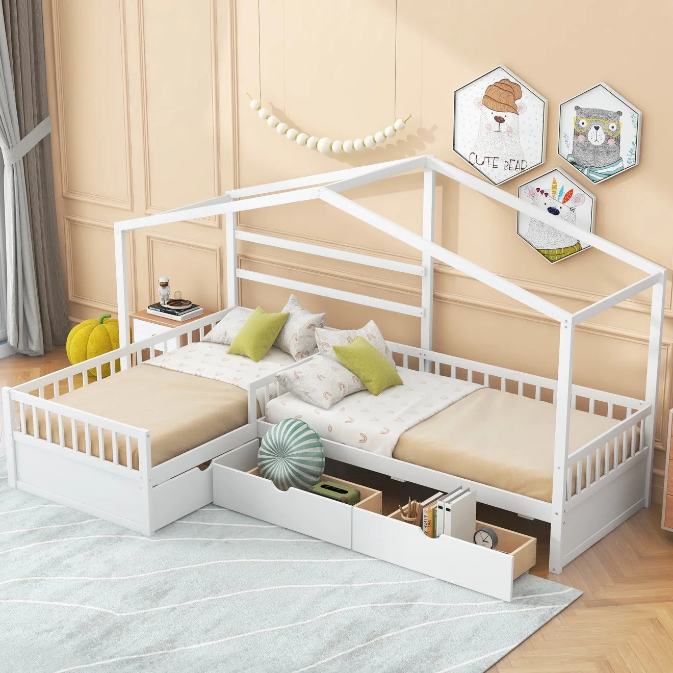 L-Shape House Beds with Storage Drawers, Twin Size Double Platform Bed with Fence Railings, Wood Corner Bed Frame Montessori Bed, Tent Beds for Two Kids Boys Girls Teens, White
