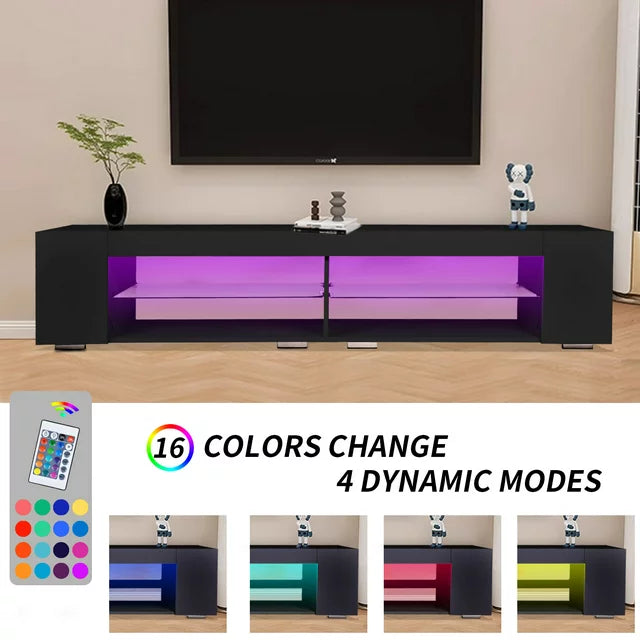 LED TV Stand for Up to 90in TV,Modern Entertainment Center with Storage,High Glossy TV Stand Console Table for Lounge Room Living Room Bedroom,16 Colors Chaging,250 Pounds Weight Capacity,Black