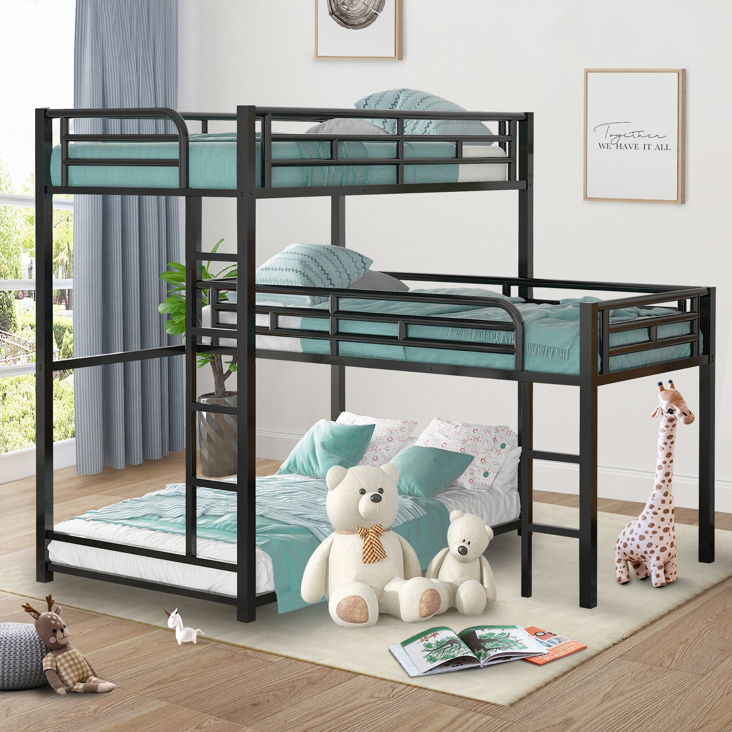 L-Shaped Triple Bunk Bed, Twin Size Metal Bunk Bed for 3 with Long and Short Ladders, Space-Saving Loft Bunk Bed with Full-Length Guardrails for Boys Girls, No Box Spring Needed, Noise Free, Black