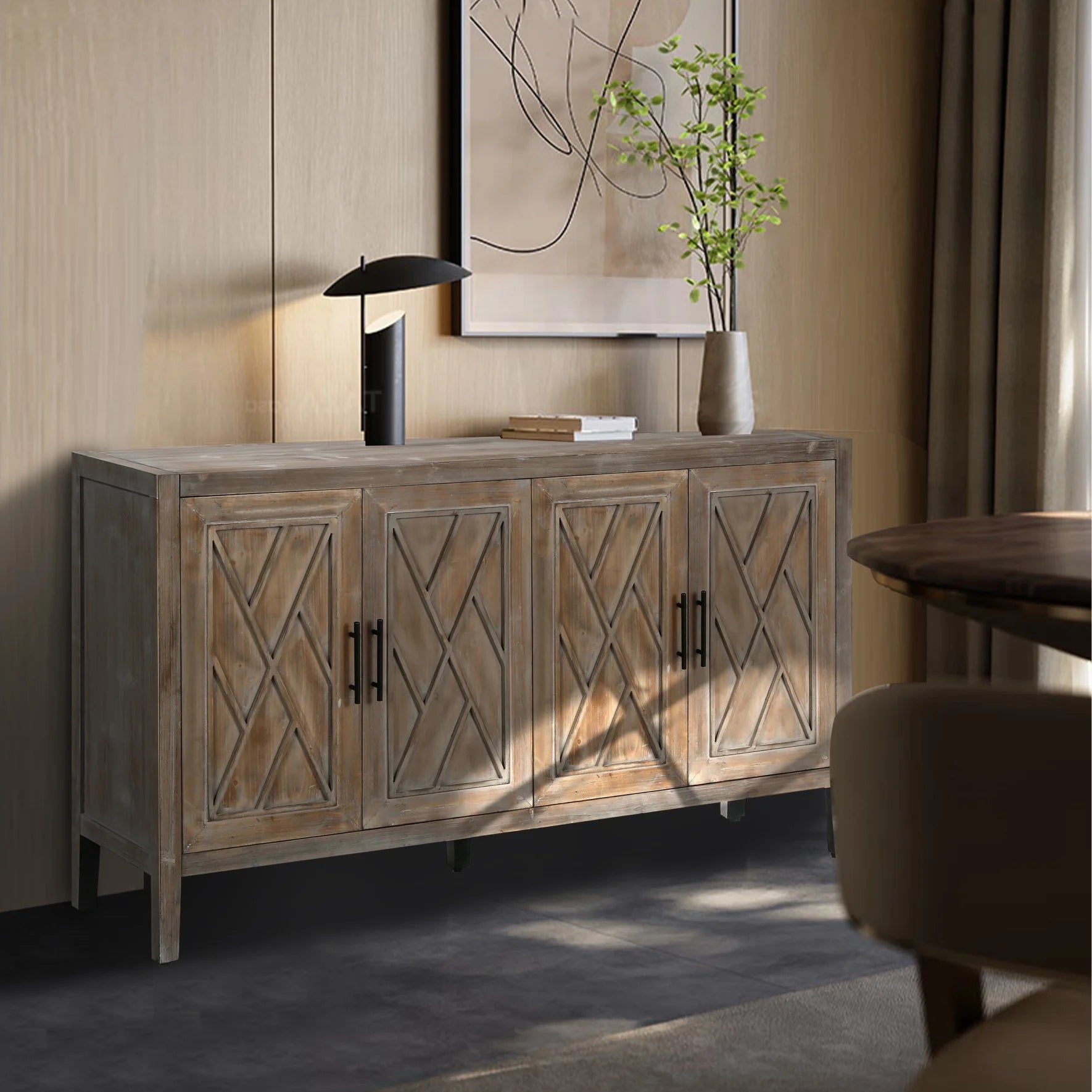 Large 4 Door Storage Cabinet, Country Vintage Old Wood Twill Sideboard, Accent Cabinets Console Table Sideboard for Dining Room Hallway Entryway