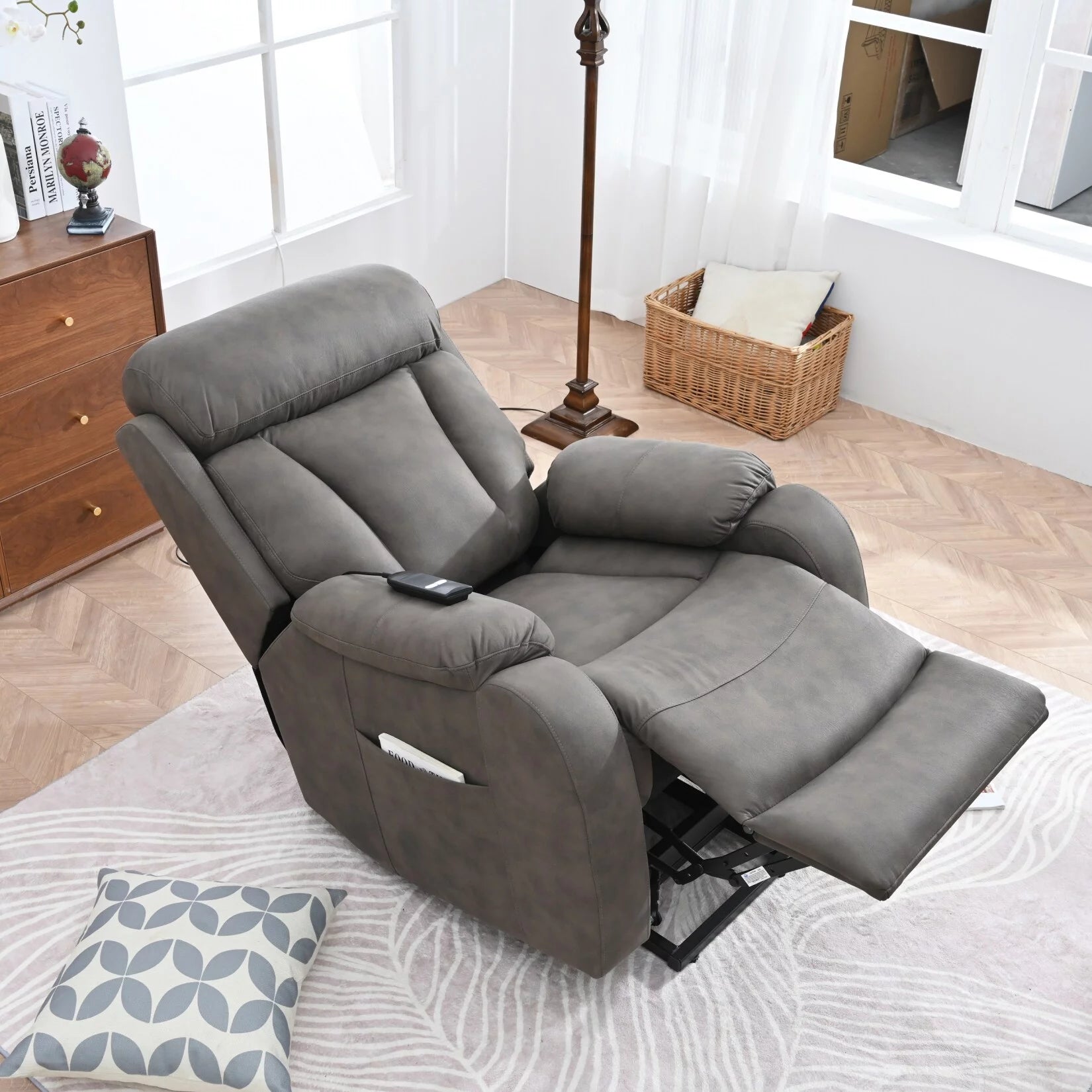 Large Power Lift Recliner Chair for Elderly, Upholstered Anti-skid PU Lift Chair, 60°-140° Adjustable Remote Control Recliner Sofa with Padded Seat Backrest & Side Pocket, Dark Gray PU