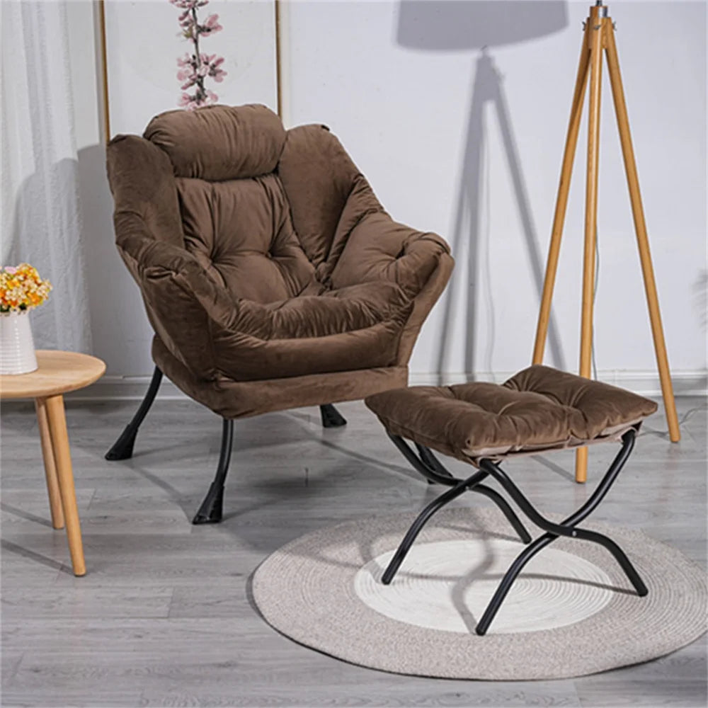 Lazy Chair with Ottoman, Modern Lounge Accent Chair with Armrests and Side Pocket, Leisure Upholstered Sofa Chair Cozy Reading Chair with Footrest Set for Living Room Bedroom, Brown