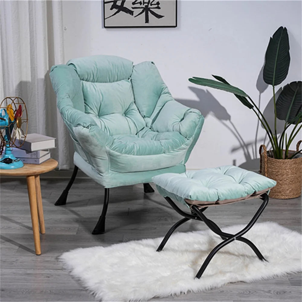 Lazy Chair with Ottoman, Modern Lounge Accent Chair with Armrests and Side Pocket, Leisure Upholstered Sofa Chair Cozy Reading Chair with Footrest Set for Living Room Bedroom, Green