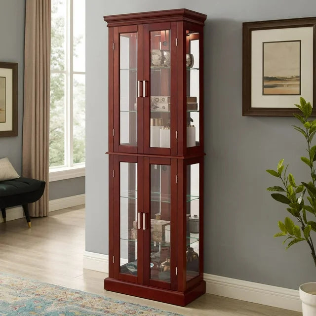 Lighted Curio Cabinet with Glass Doors, Tempered Glass Display Cabinet with Adjustable Shelves and Mirrored Back Panel, Tall Glass Storage Cabinet for Living Room, E26 Light Bulb Not Included
