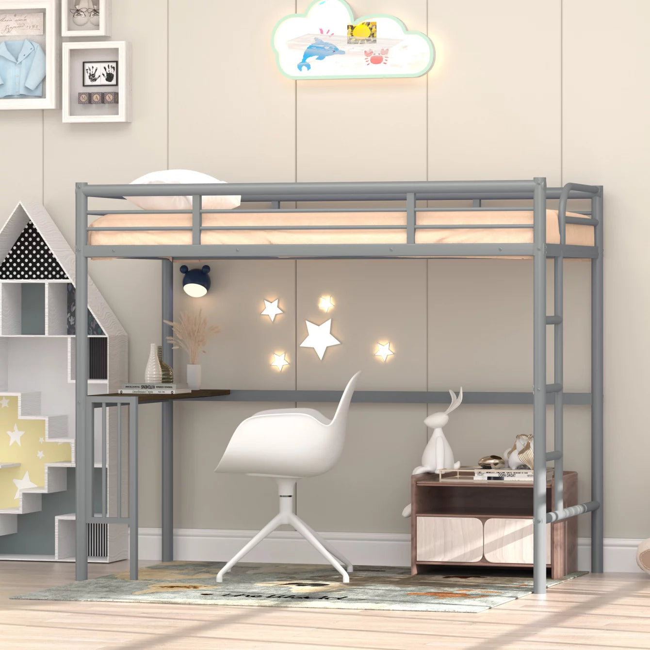 Loft Bed Twin Size with Desk,Metal Bed Frame with Ladder and Full-Length Guardrail,Platform Bed for Kids Teens Adult,Ideal for Bedroom Dorm,Noise-Free,No Box Spring Needed,Space-Saving,Silver
