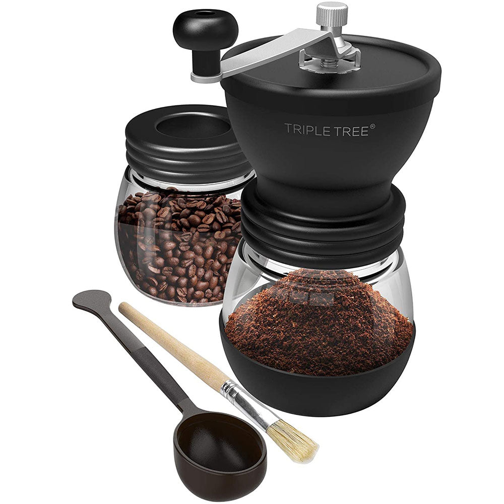 Triple Tree Manual Coffee Grinder with Ceramic Burrs, Hand Coffee Mill with Two Glass Jars(11oz each), Brush and 2 Tablespoon Scoop