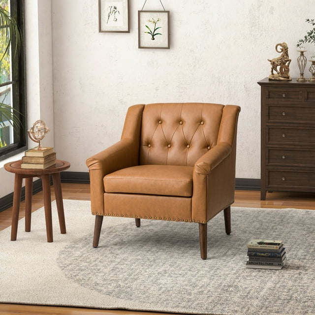 Mid Century Faux leather Accent Chair,Button Tufted Armchair with Nailhead Trims, Upholstered Single Sofa Chair with Wood Legs, Side Chair Reading Chair for Bedroom/Living Room/Salon, CAMEL