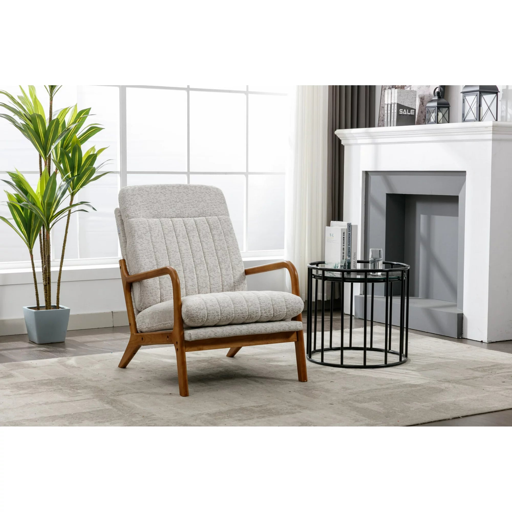 Mid Century Modern Accent Chair with Solid Wood Frame, Upholstered Living Room Armchair with High-Back and Padded Seat, Comfy Reading Chair Lounge Chair for Bedroom, Office, Studio, Beige